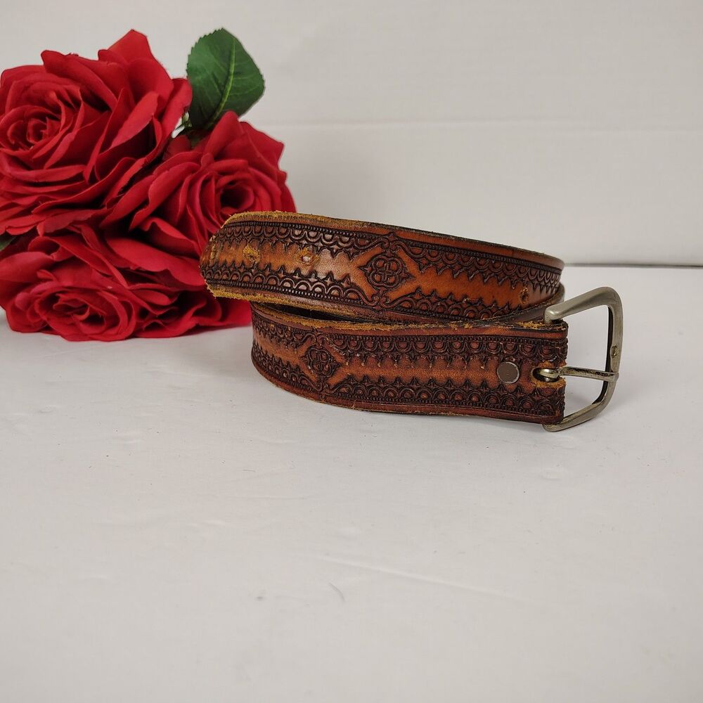 Handmade Vintage Hand Tooled Leather Western Belt – 36" Brown Silver Buckle USA